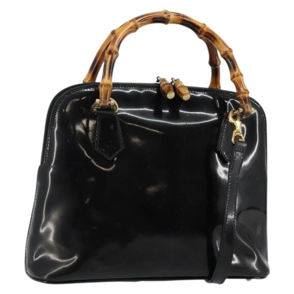 GUCCI Bamboo Hand Bag Enamel 2way Black Gold 000 58 0290 Auth hk2996